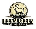 A logo design for 'Dream Green Cannabis Club' featuring a circular emblem with a black goat silhouette on a cream background, above the text 'DREAM GREEN' and 'CANNABIS CLUB' in a western-style font.